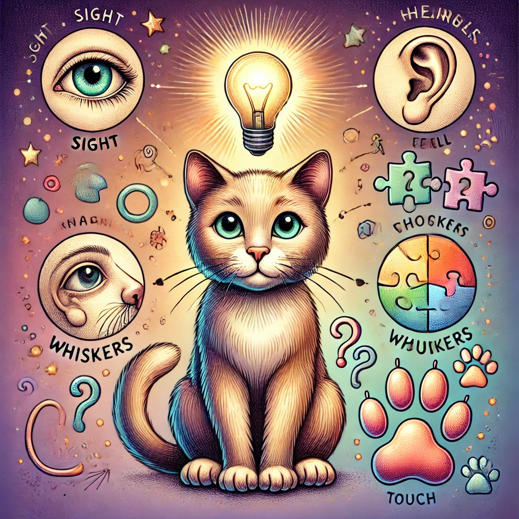 Illustration of a thoughtful cat with icons representing feline cognition.