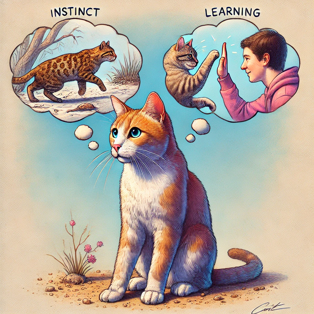 Illustration depicting cat instincts vs learned behaviors: A cat hunting (instinct) and the same cat high-fiving a human (learned behavior).