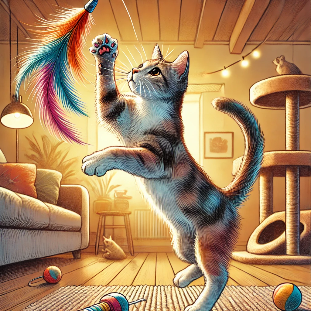 Cat leaping to catch a feather toy, demonstrating the importance of play in cat behavior.