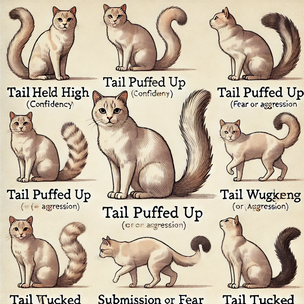 Cat demonstrating various tail positions to communicate emotions.