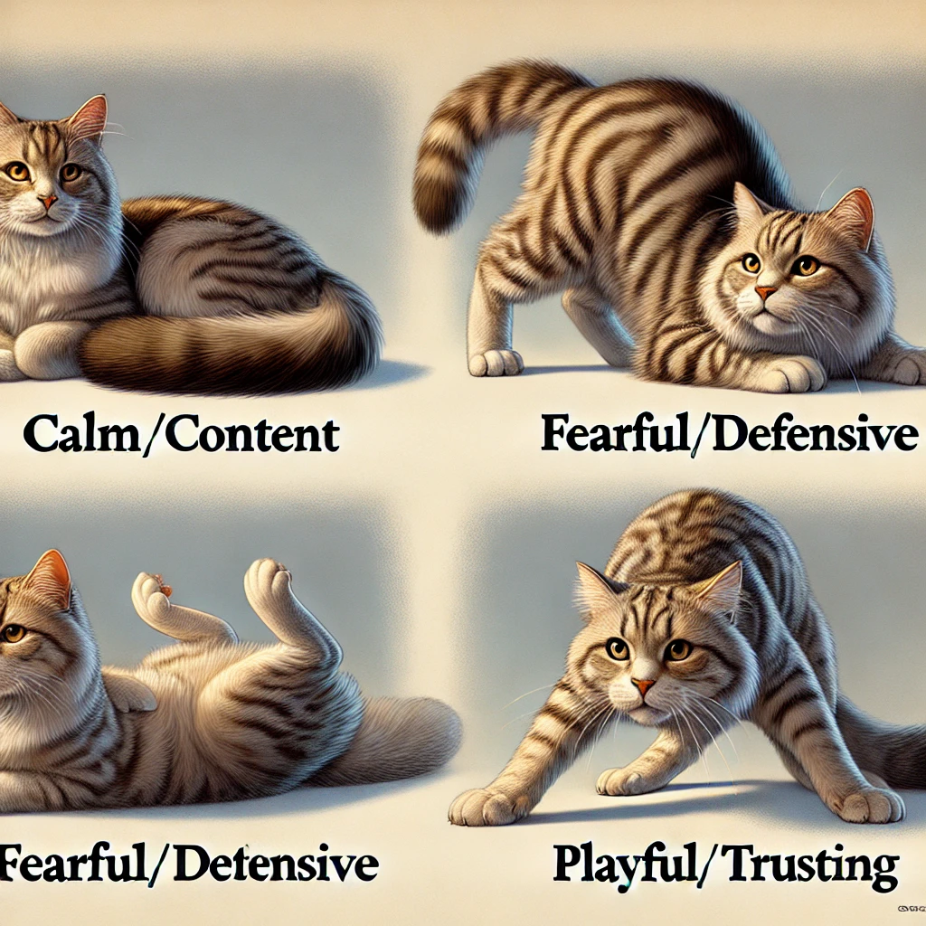 Cat demonstrating various body postures to communicate emotions.