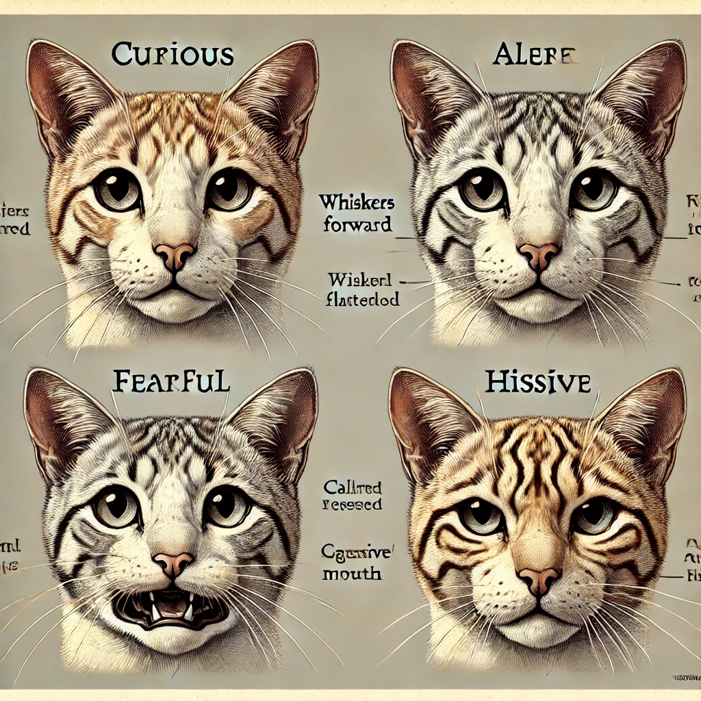 Cat demonstrating various facial expressions to communicate emotions.