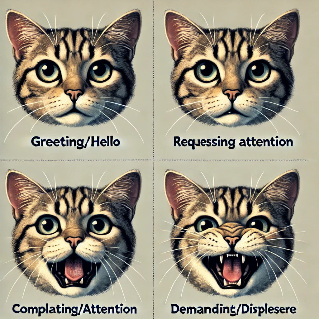 Cat demonstrating various meows to communicate different messages.