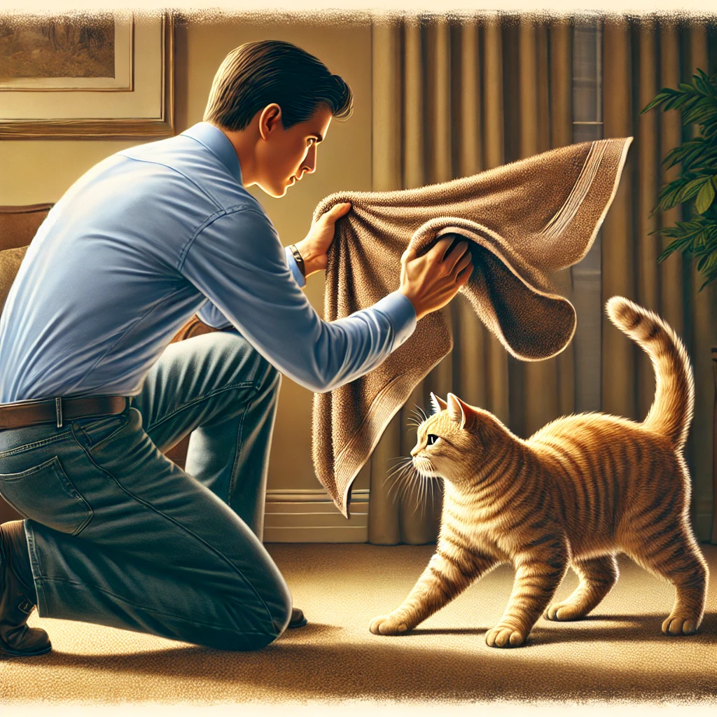 Person safely approaching an aggressive cat with a towel.